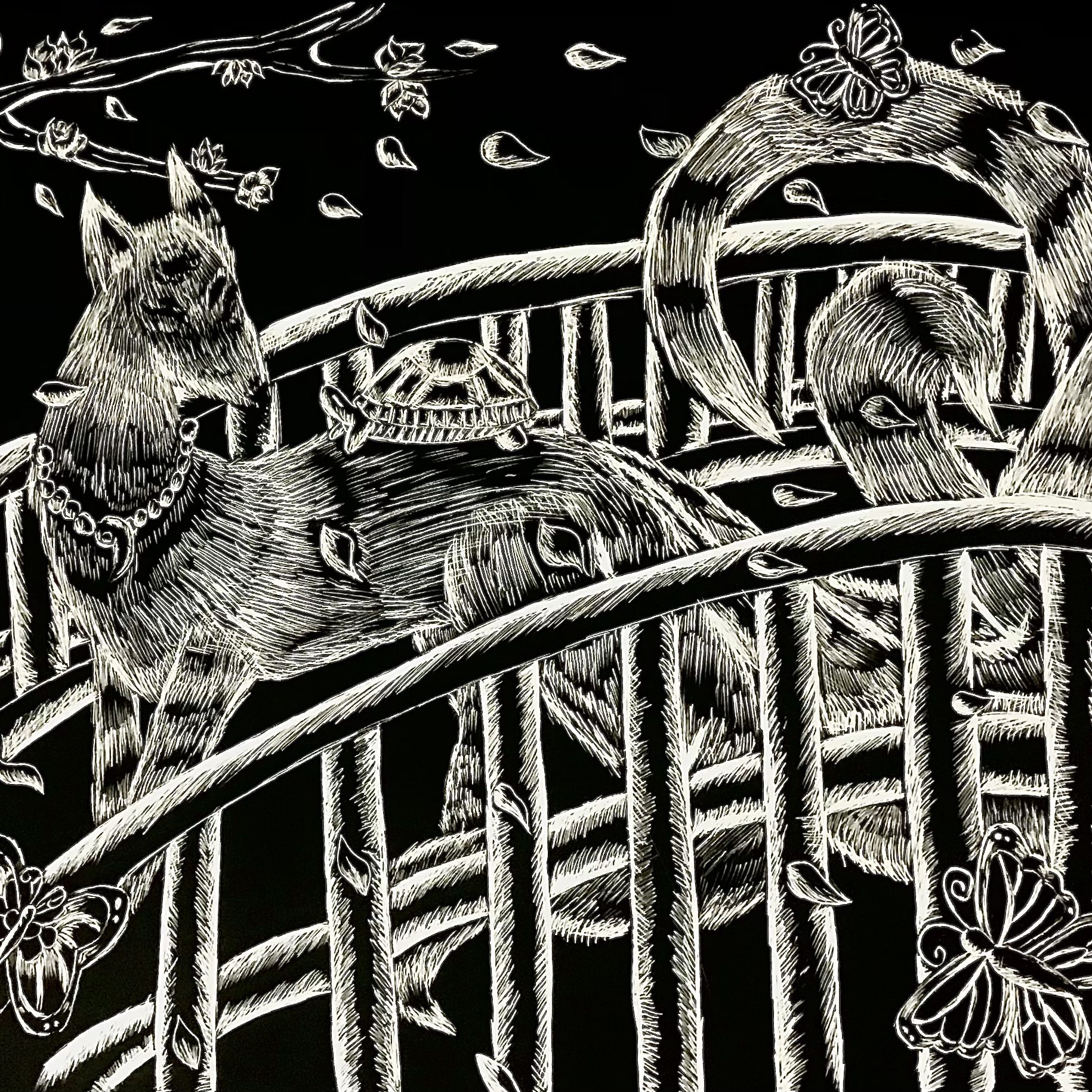 Scratchboard Fox & Turtle